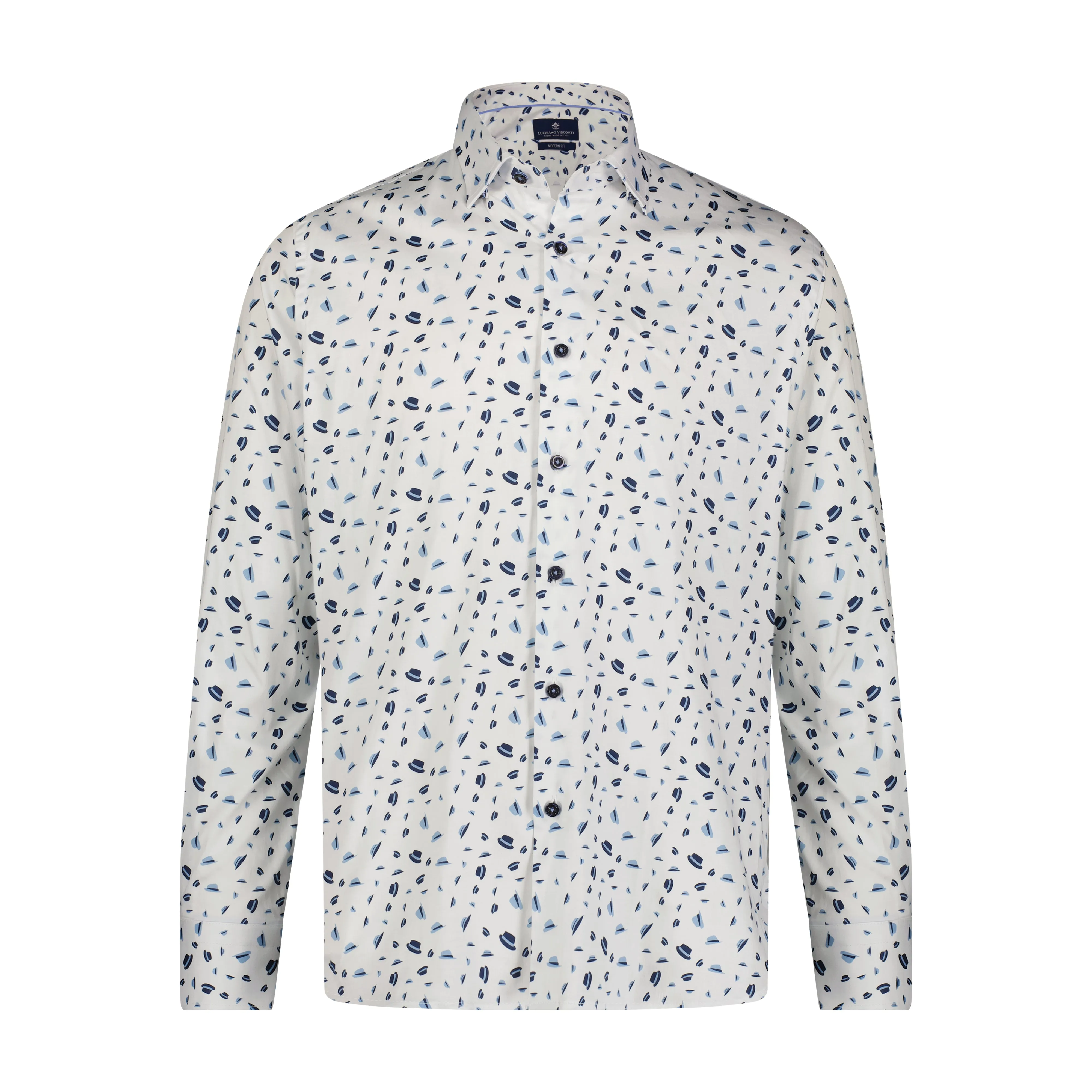 Blue, Navy, and White Hat Print Long Sleeve Shirt