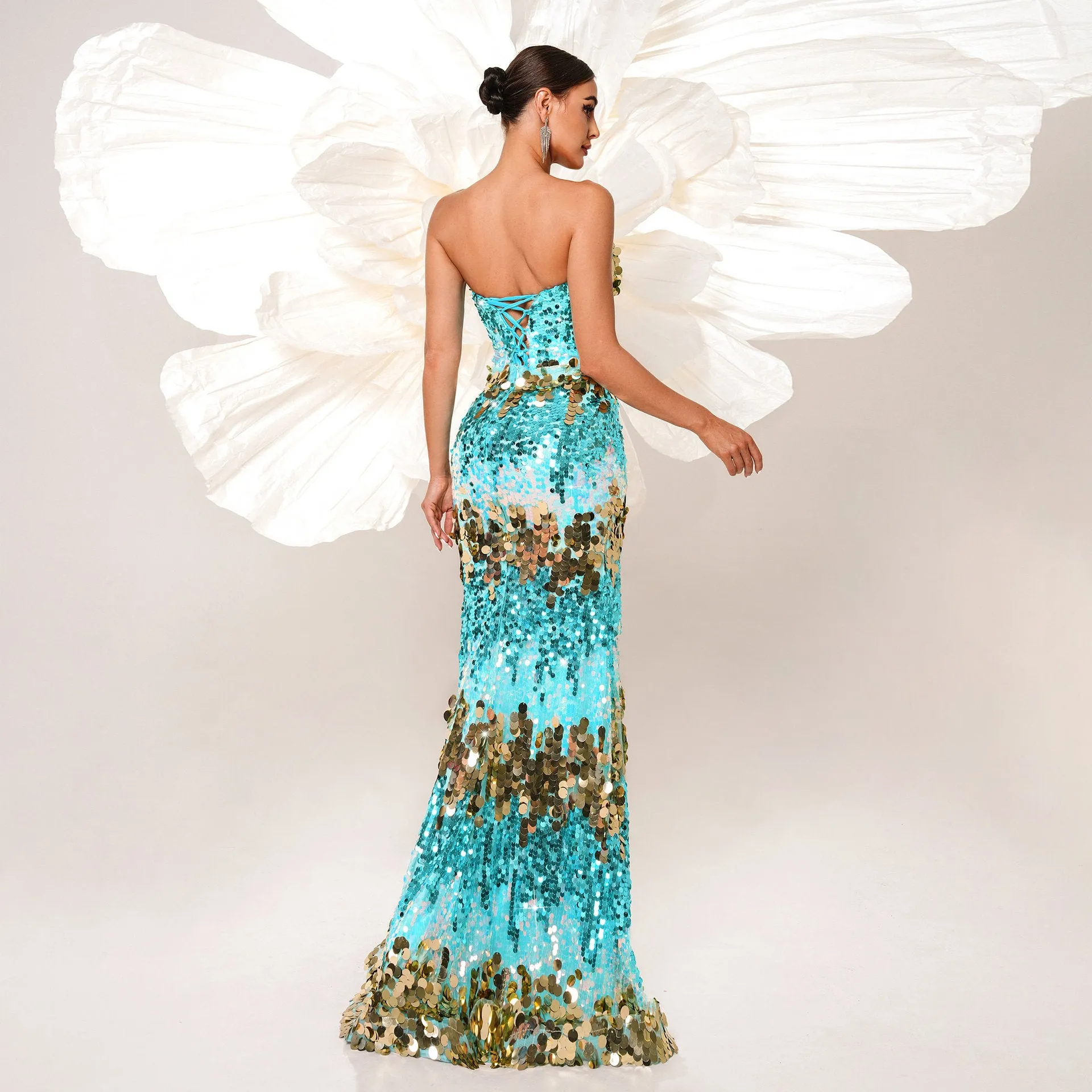 Bow Strapless Sequin Backless Mermaid Evening  Dress