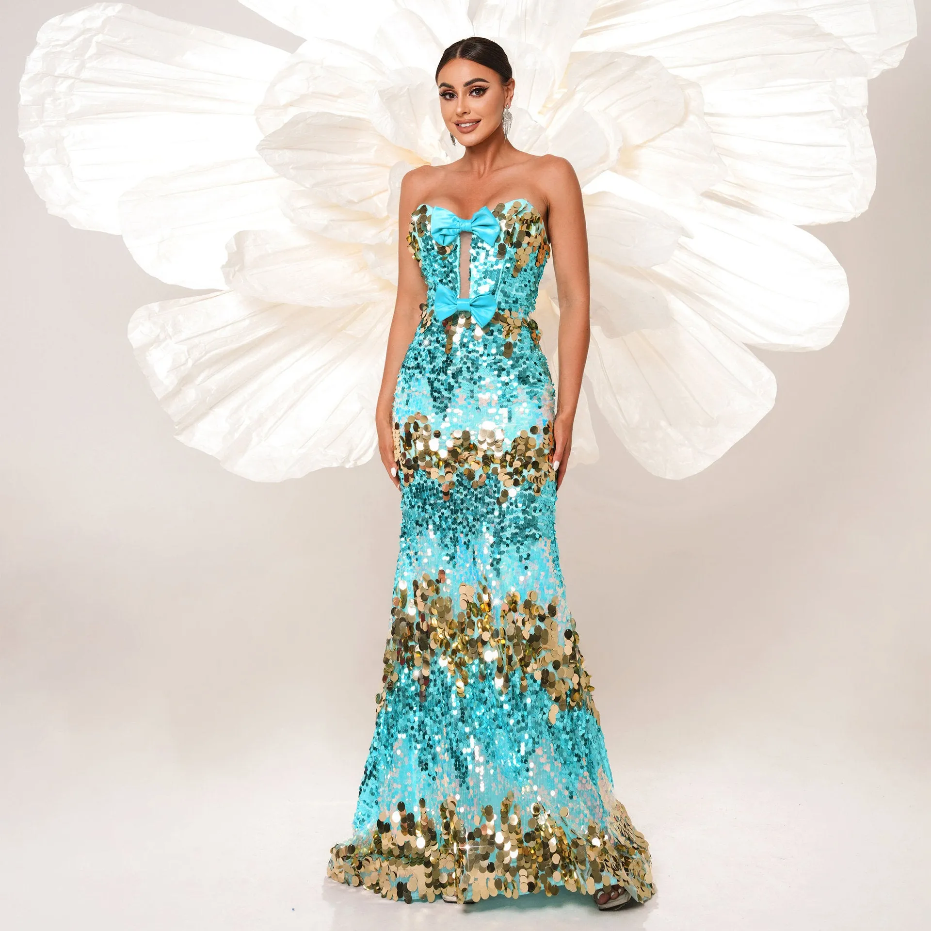Bow Strapless Sequin Backless Mermaid Evening  Dress