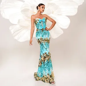 Bow Strapless Sequin Backless Mermaid Evening  Dress