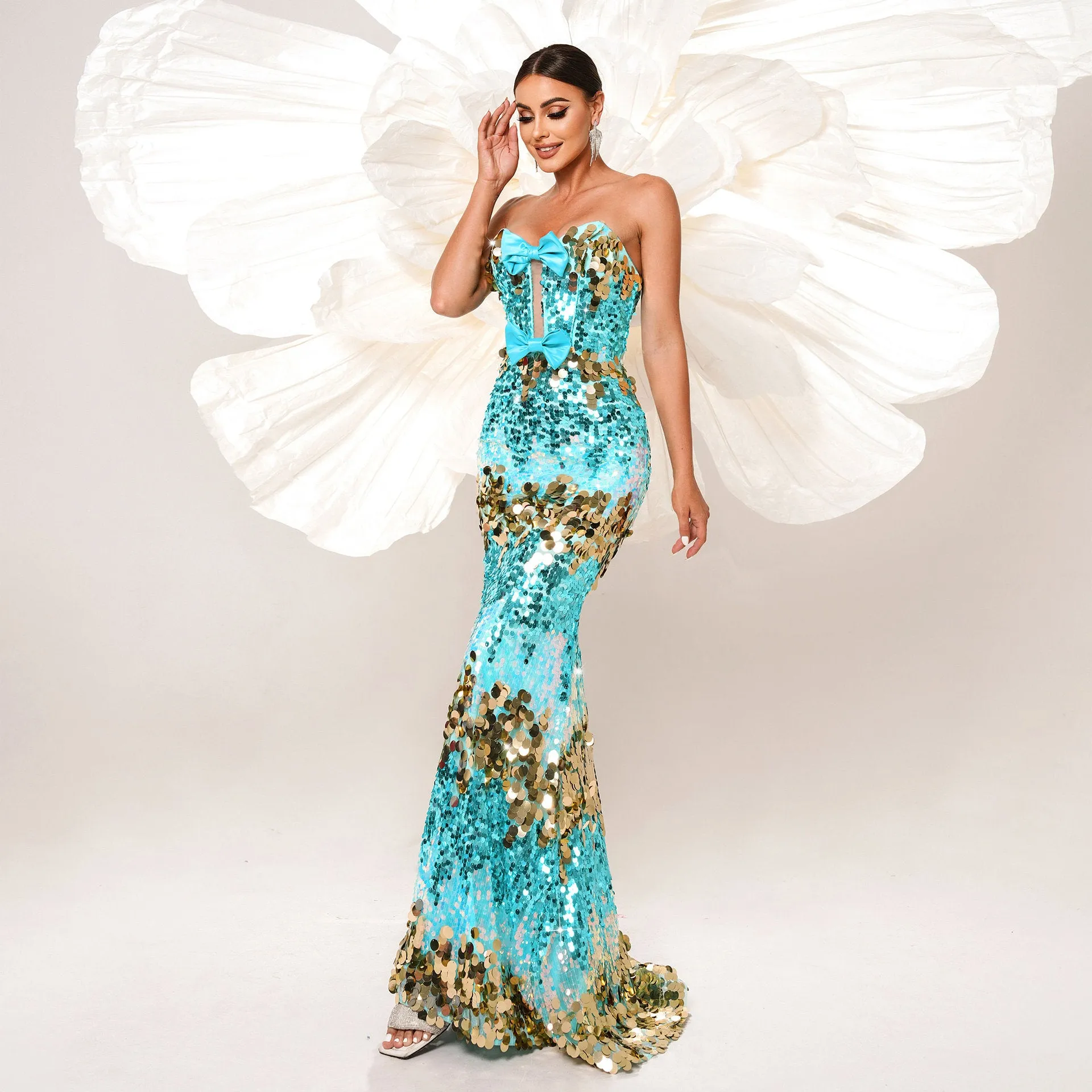 Bow Strapless Sequin Backless Mermaid Evening  Dress
