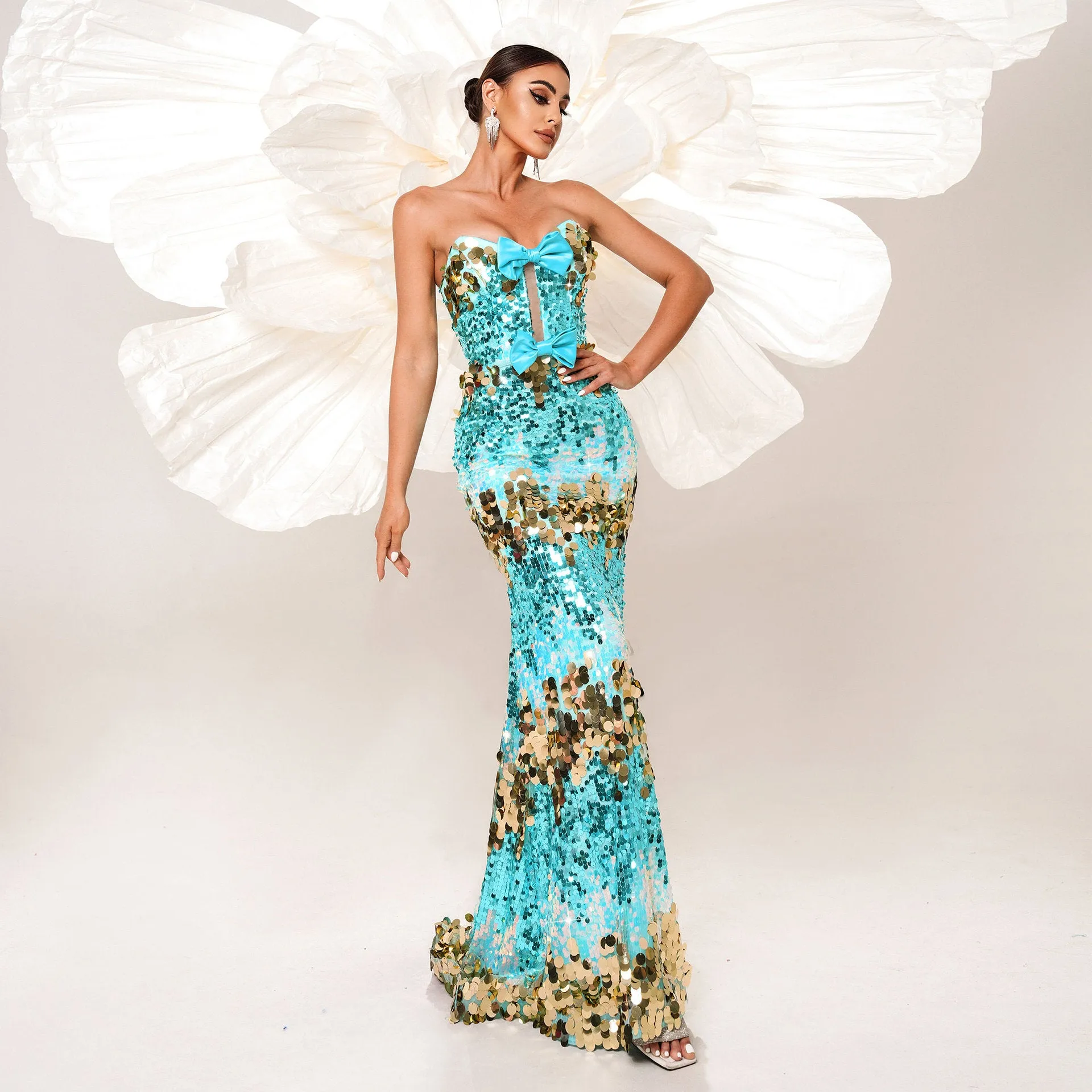 Bow Strapless Sequin Backless Mermaid Evening  Dress