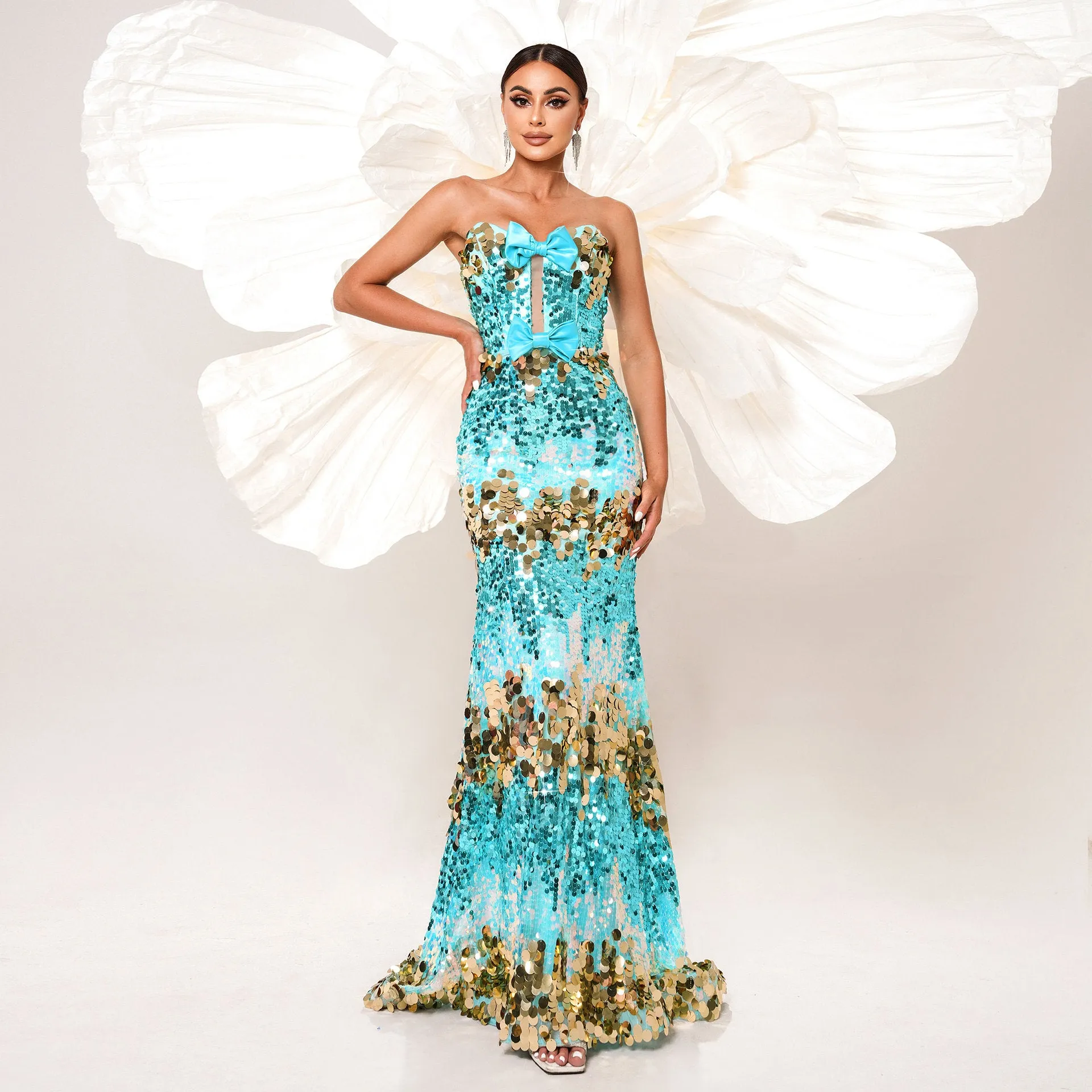 Bow Strapless Sequin Backless Mermaid Evening  Dress