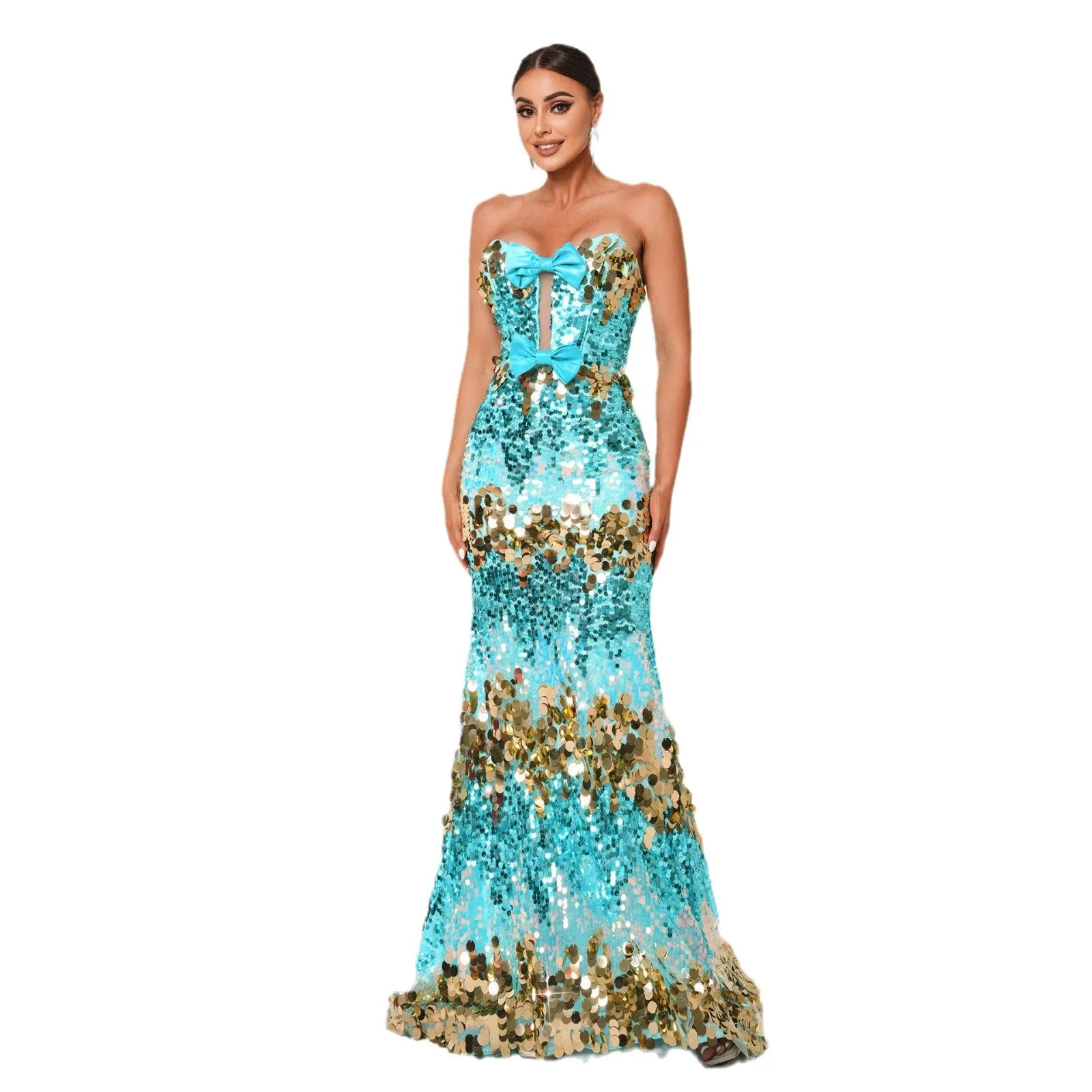 Bow Strapless Sequin Backless Mermaid Evening  Dress