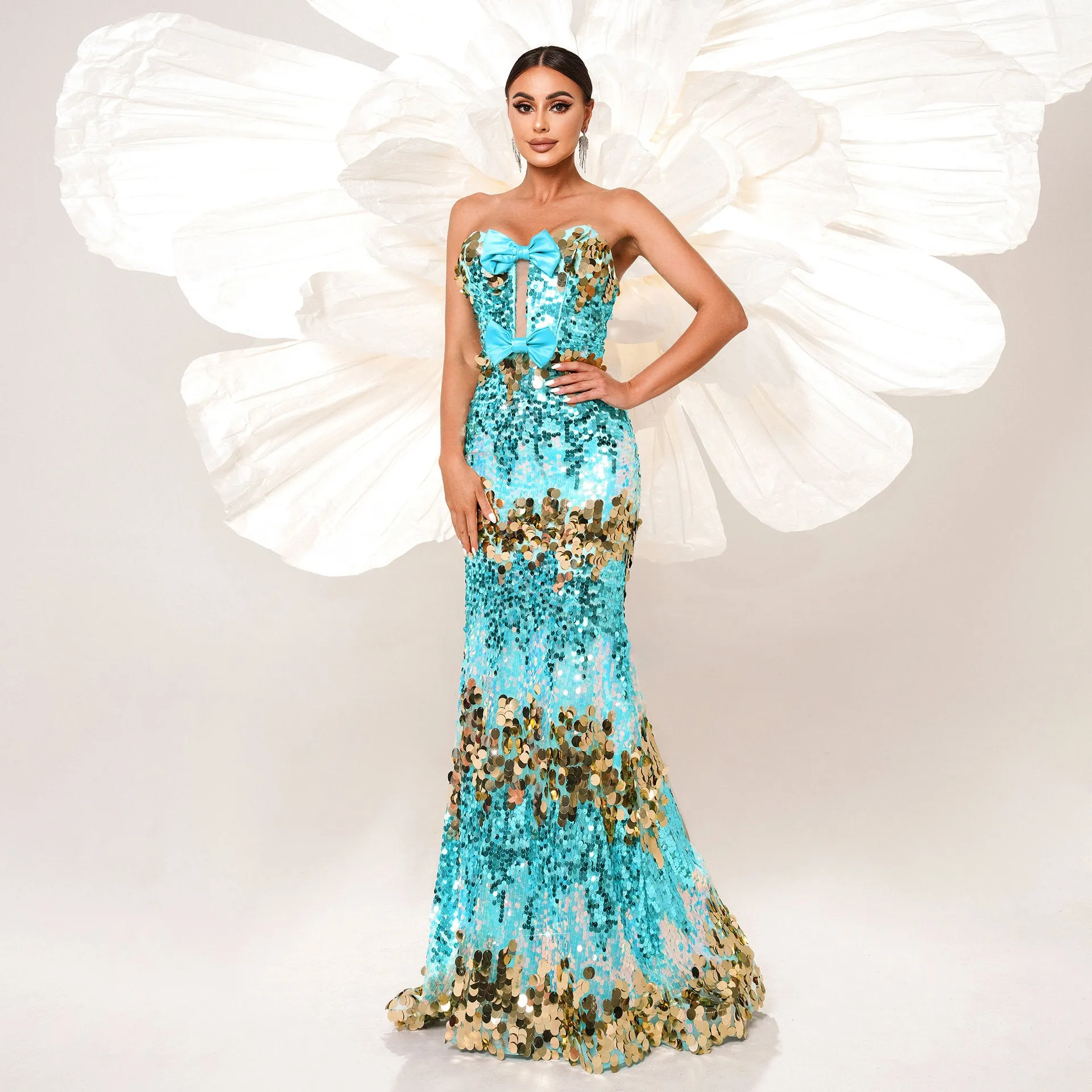 Bow Strapless Sequin Backless Mermaid Evening  Dress