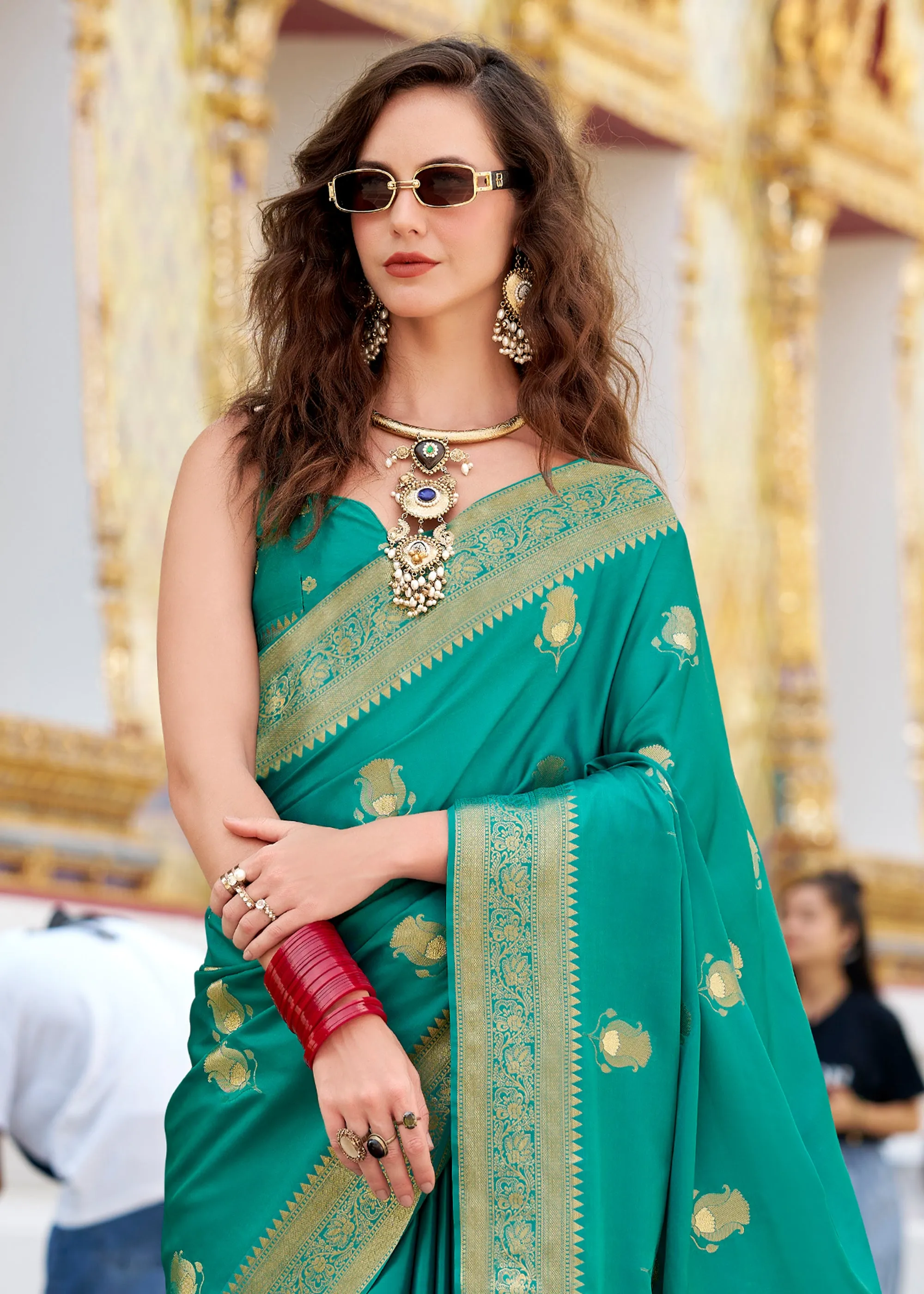 Bright Aqua Green Woven Banarasi Satin Silk Saree