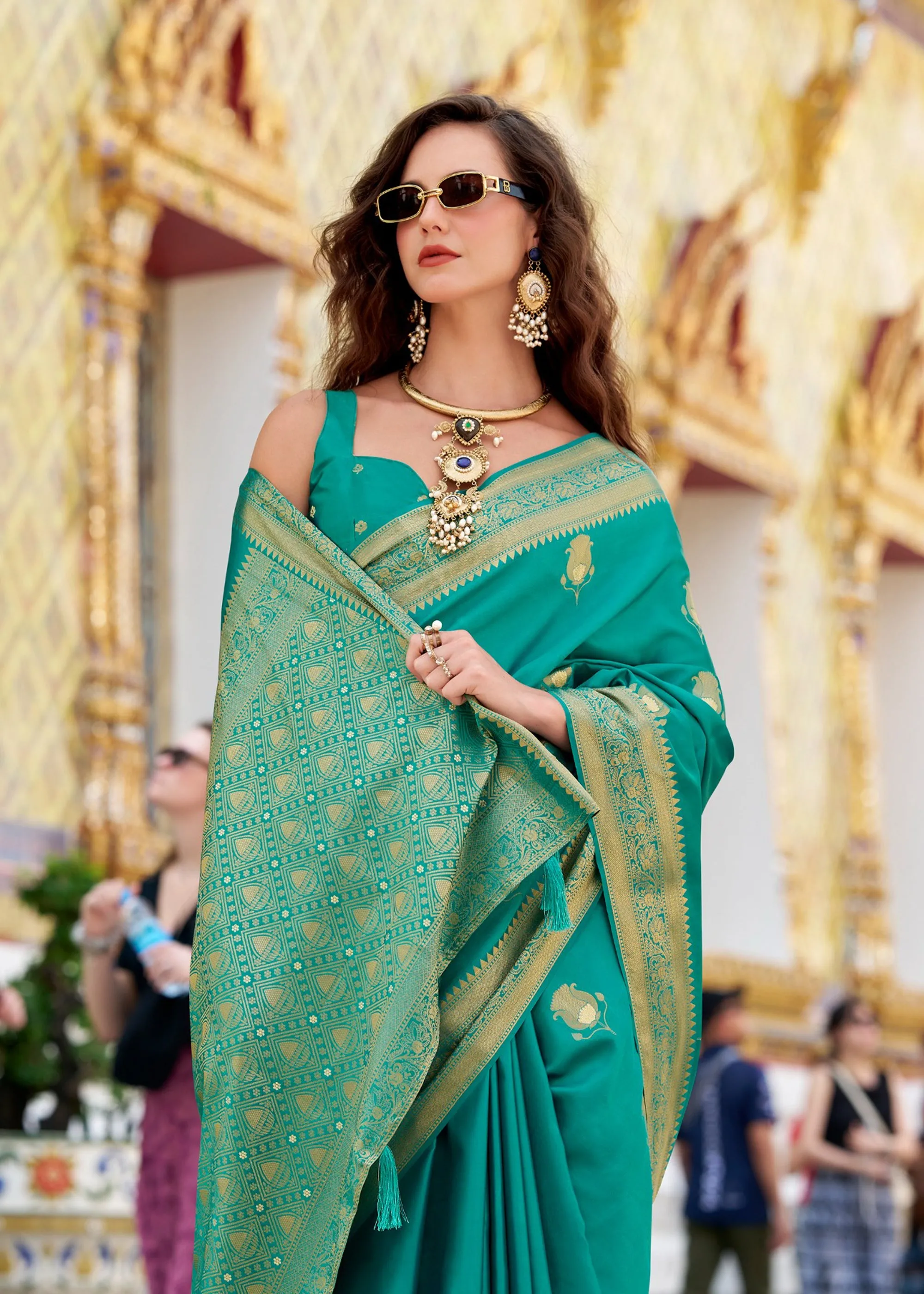 Bright Aqua Green Woven Banarasi Satin Silk Saree