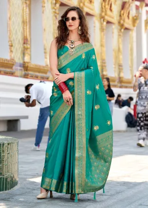 Bright Aqua Green Woven Banarasi Satin Silk Saree
