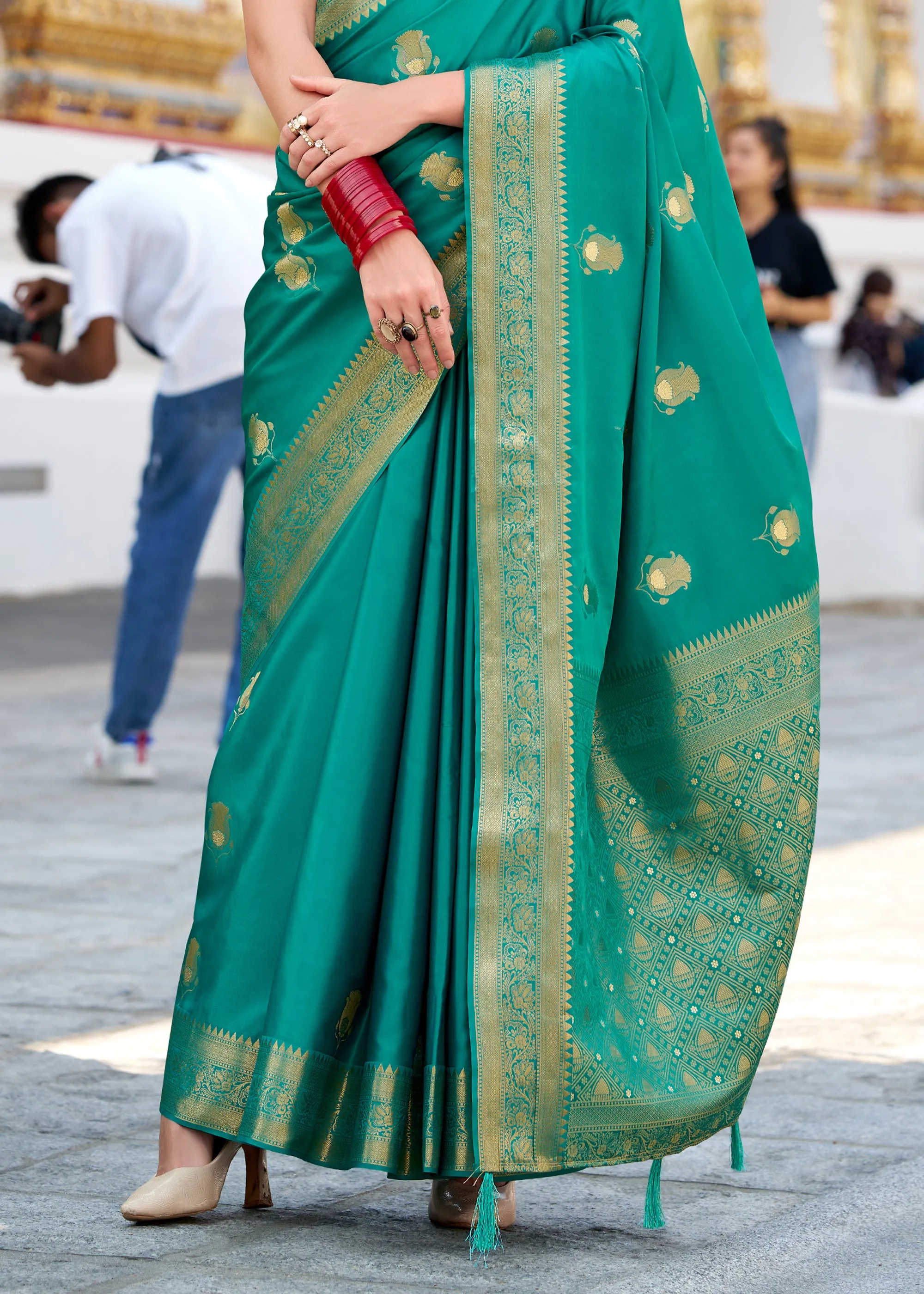 Bright Aqua Green Woven Banarasi Satin Silk Saree