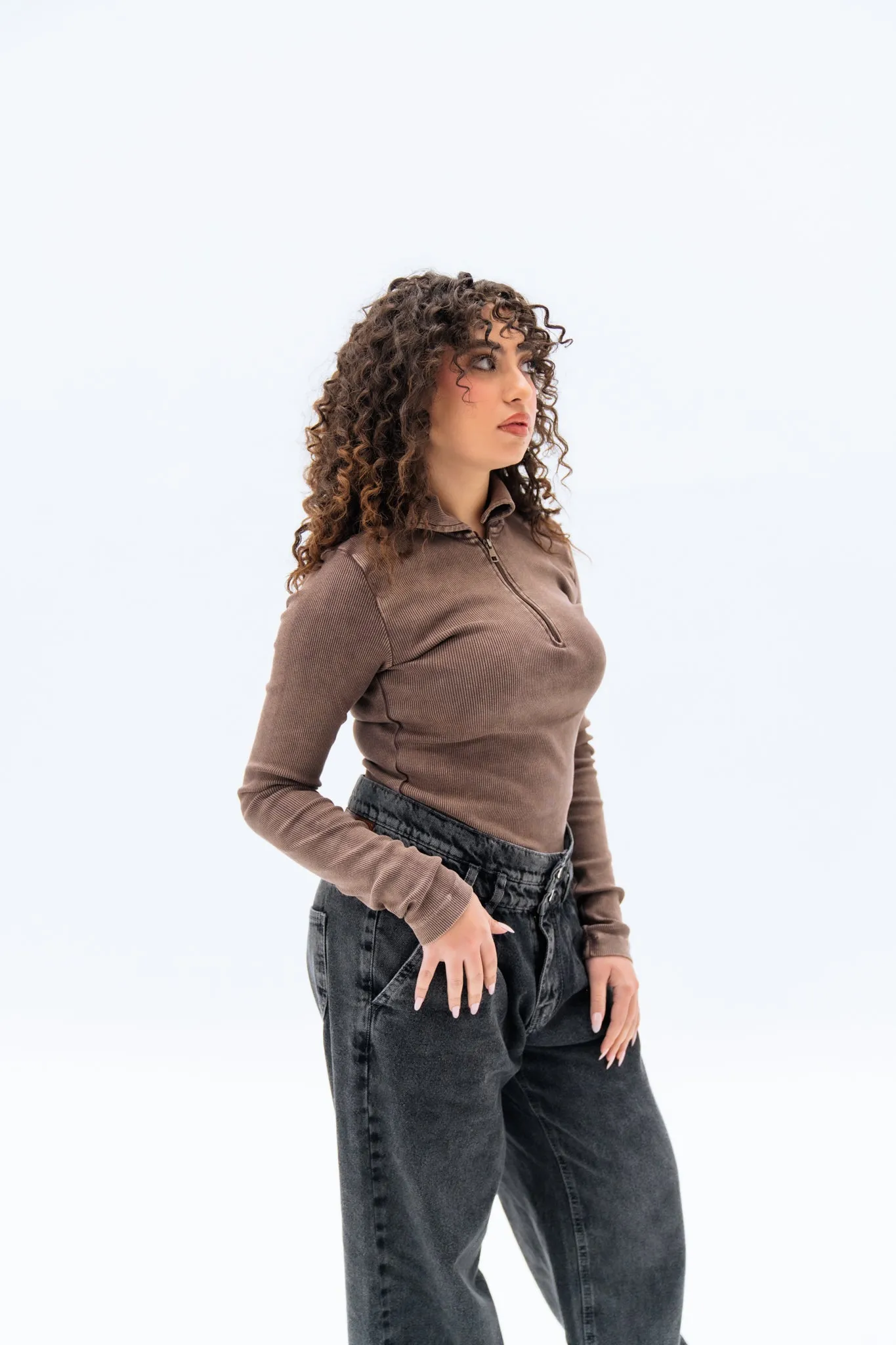 Brown Washed Long Sleeves Tank Top