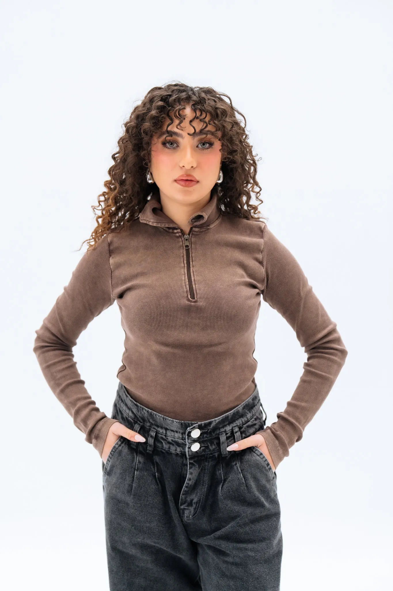 Brown Washed Long Sleeves Tank Top