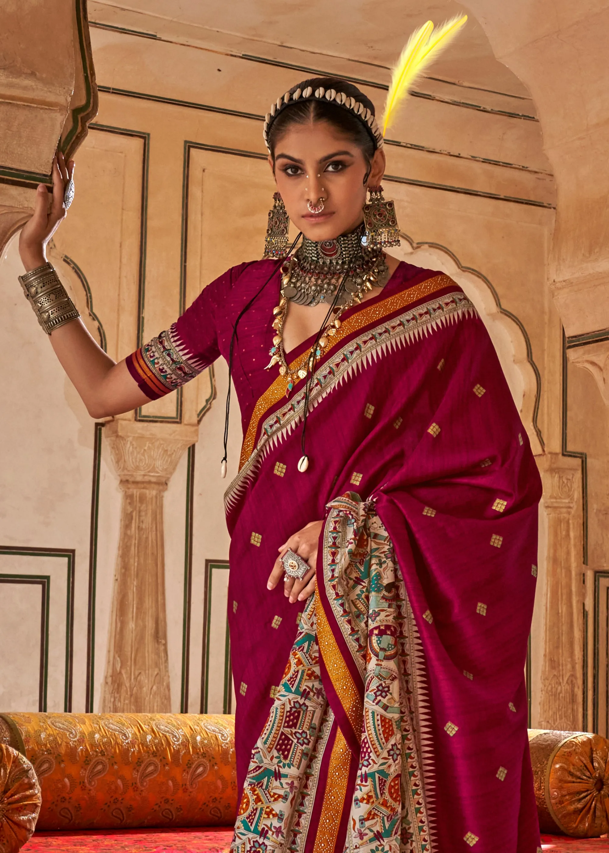 Burgundy Red Madhubani Printed Saree