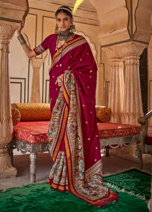 Burgundy Red Madhubani Printed Saree