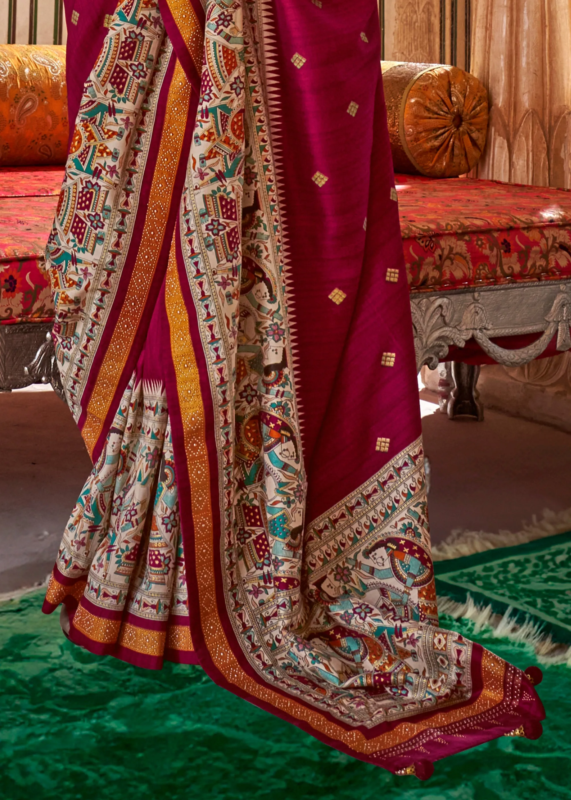 Burgundy Red Madhubani Printed Saree