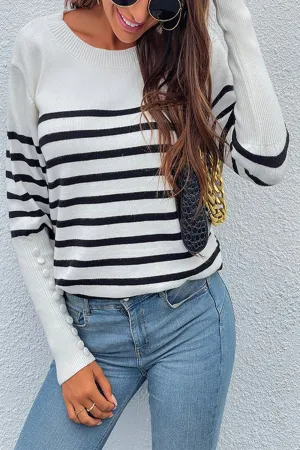 Button Contrast Striped Sweater