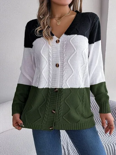 Cable-Knit Striped Color Block Button Up Cardigan (3 Colors)