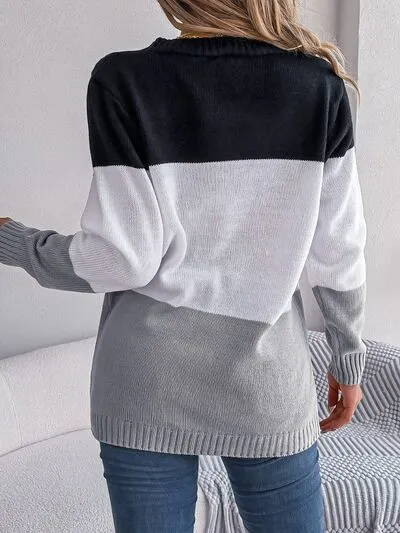 Cable-Knit Striped Color Block Button Up Cardigan (3 Colors)