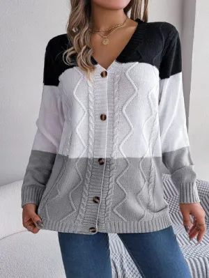 Cable-Knit Striped Color Block Button Up Cardigan (3 Colors)