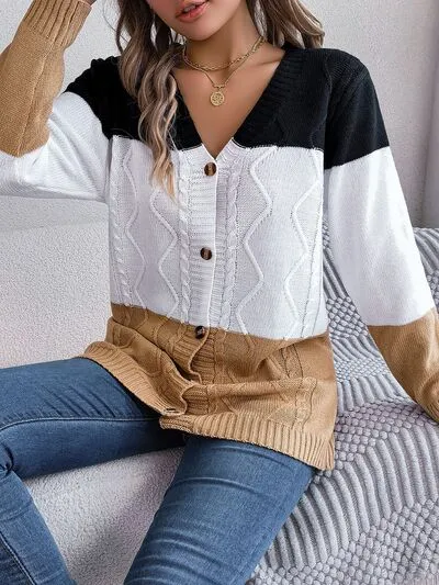 Cable-Knit Striped Color Block Button Up Cardigan (3 Colors)