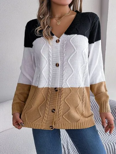Cable-Knit Striped Color Block Button Up Cardigan (3 Colors)