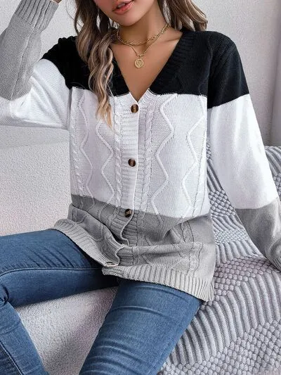 Cable-Knit Striped Color Block Button Up Cardigan (3 Colors)