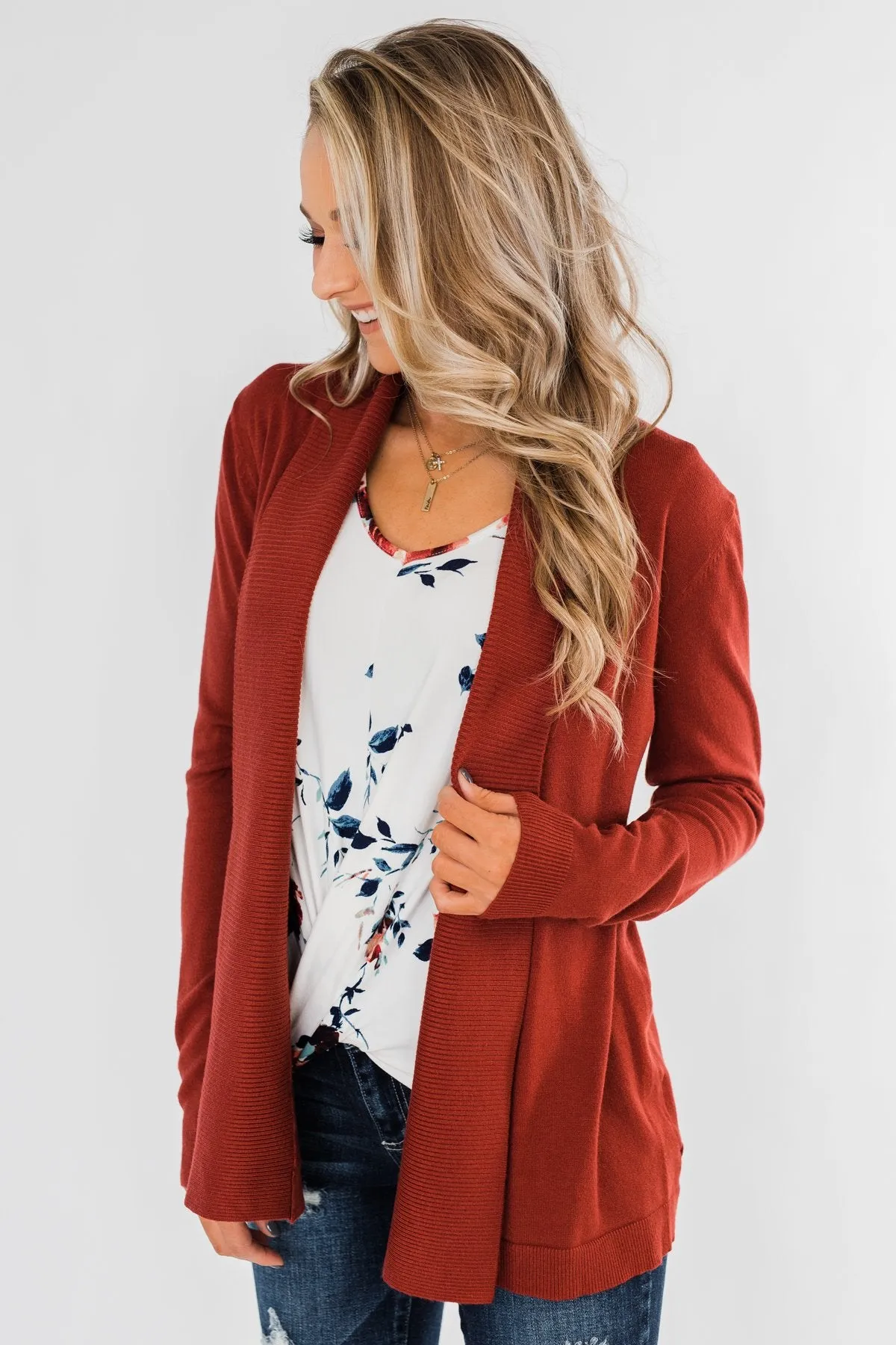 Can't Wait Open Front Cardigan- Dark Rust