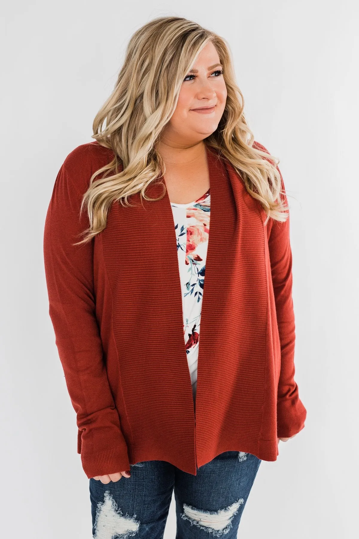 Can't Wait Open Front Cardigan- Dark Rust