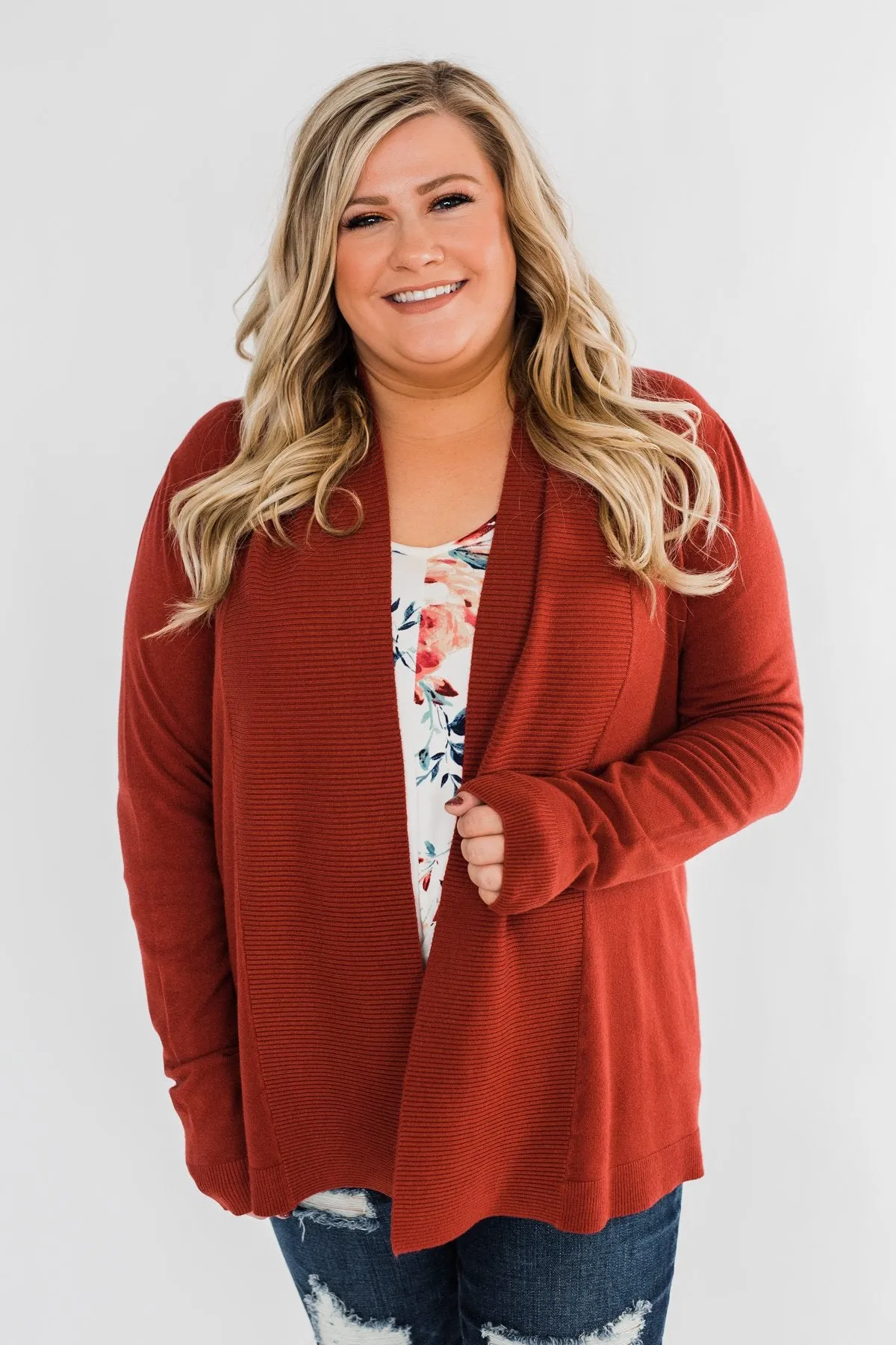 Can't Wait Open Front Cardigan- Dark Rust