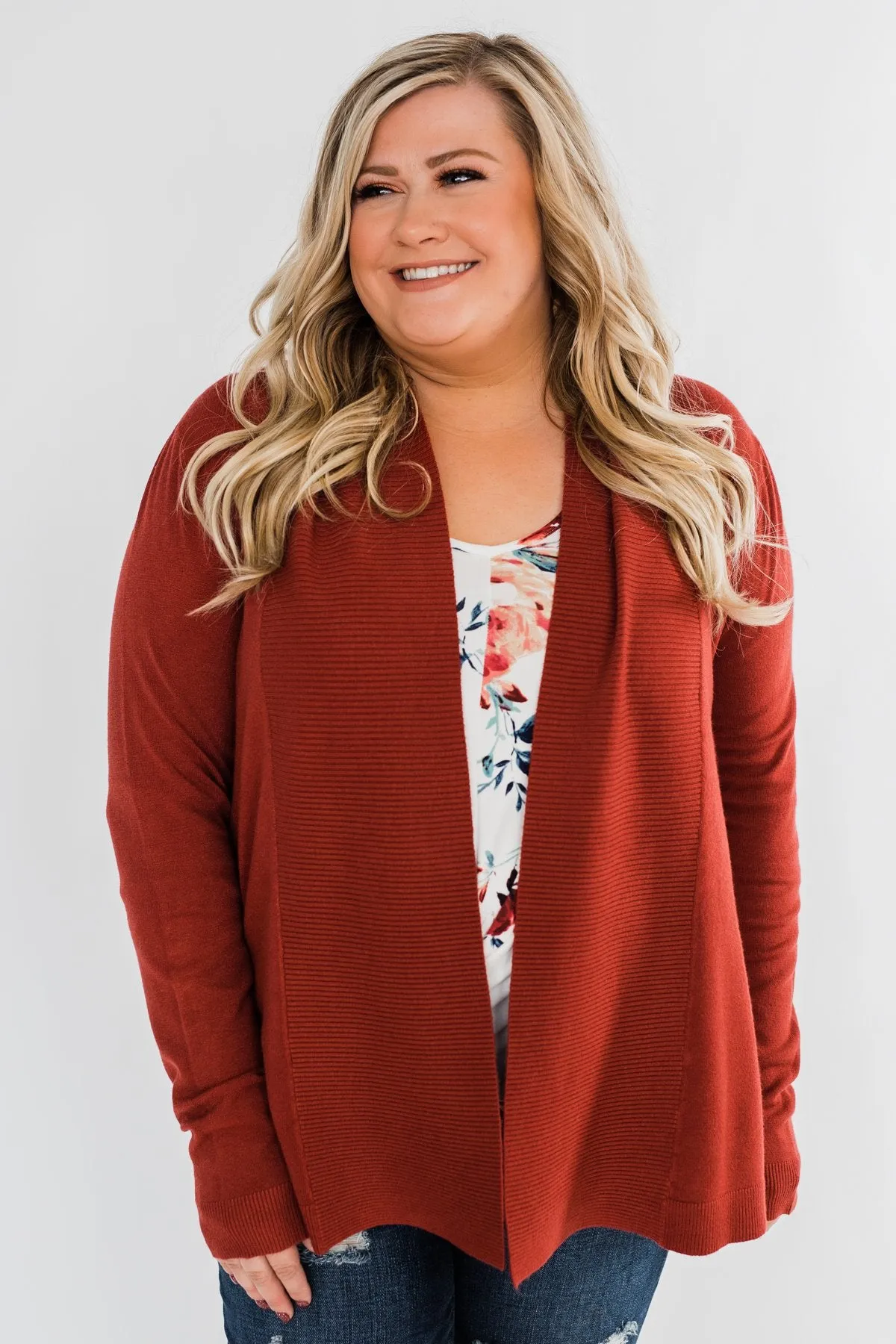 Can't Wait Open Front Cardigan- Dark Rust
