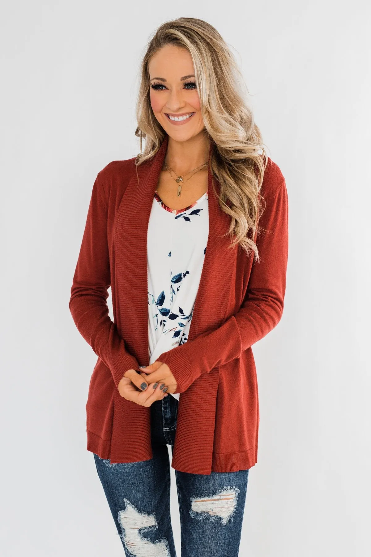 Can't Wait Open Front Cardigan- Dark Rust