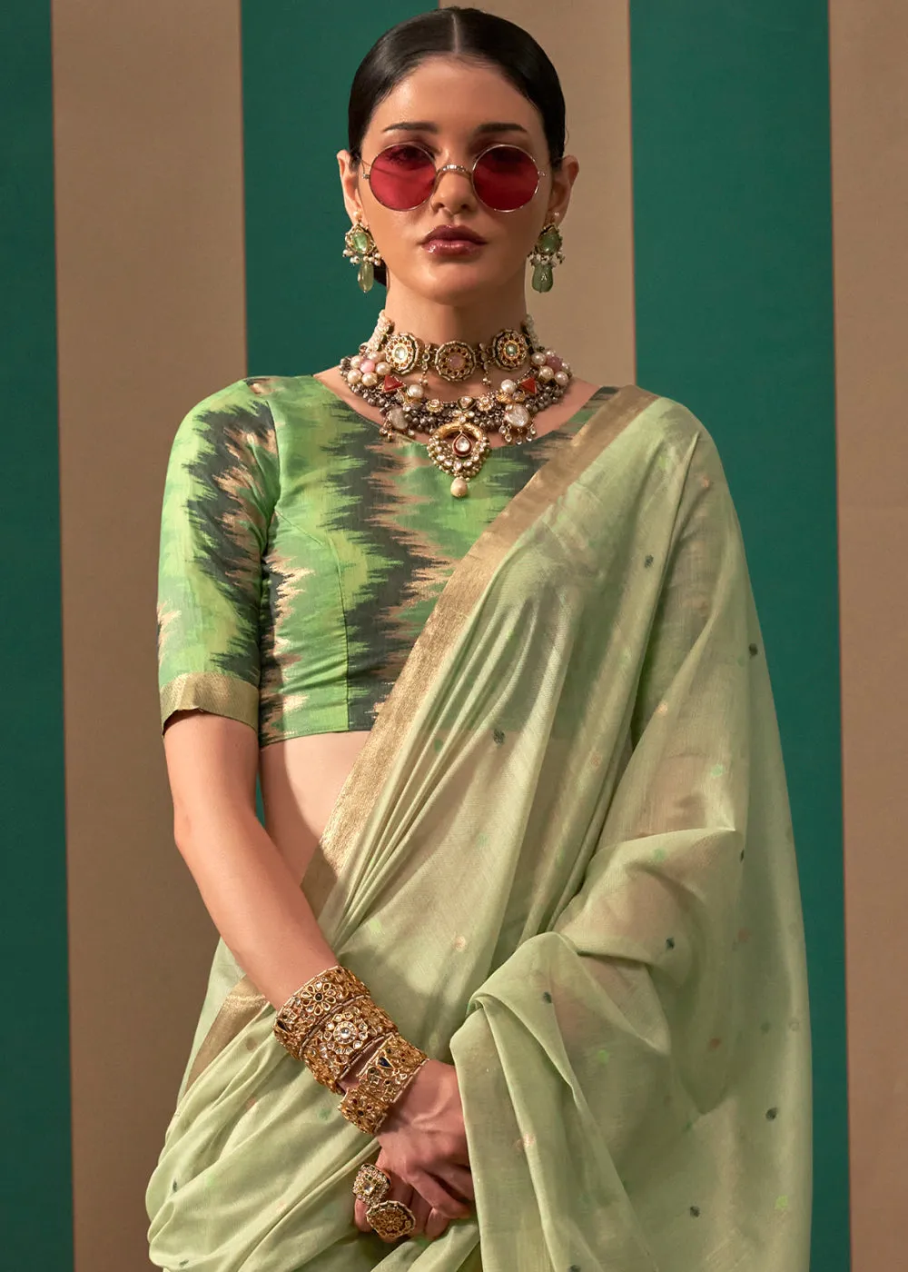 Cardamom Green Woven Soft Silk Saree
