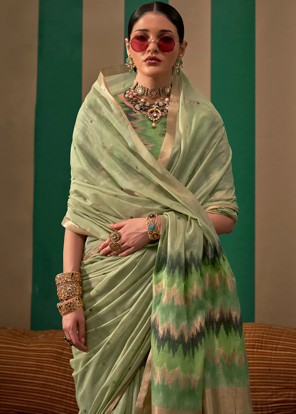 Cardamom Green Woven Soft Silk Saree