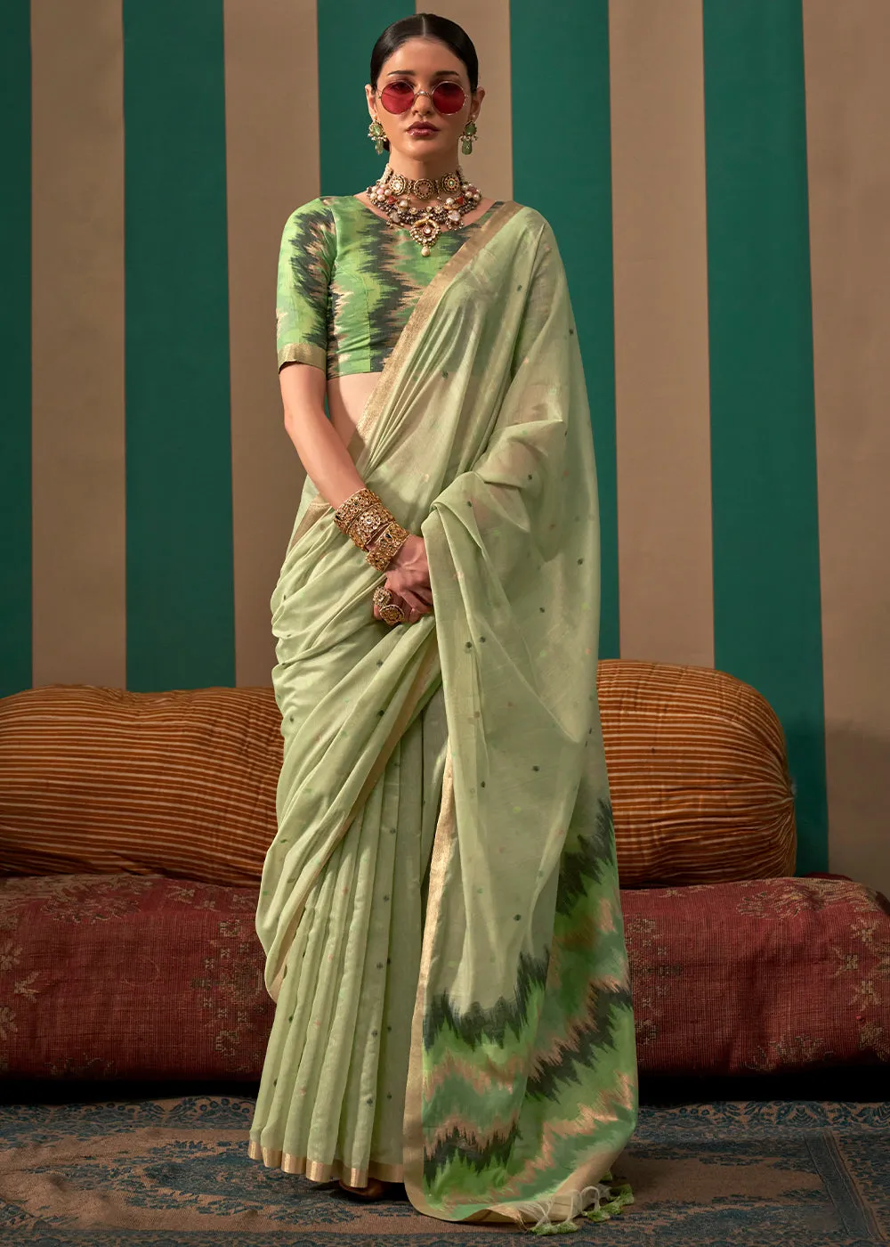 Cardamom Green Woven Soft Silk Saree