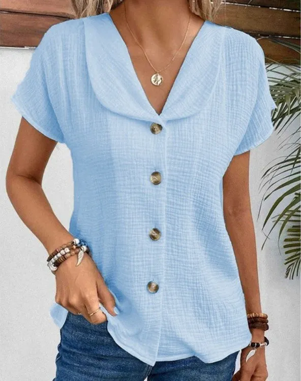 Casual Cotton and Linen Women's Blouse with Open Collar