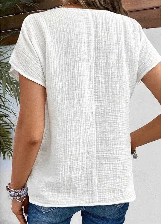 Casual Cotton and Linen Women's Blouse with Open Collar
