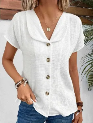 Casual Cotton and Linen Women's Blouse with Open Collar