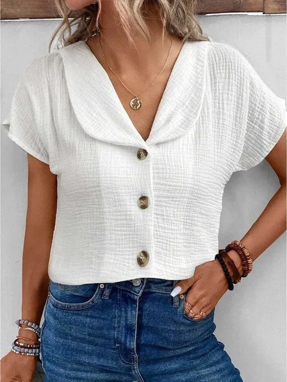 Casual Cotton and Linen Women's Blouse with Open Collar