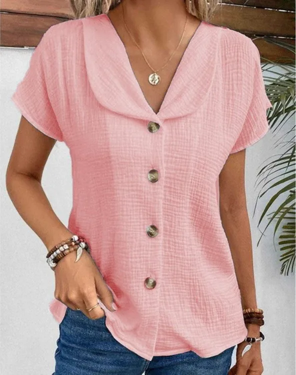 Casual Cotton and Linen Women's Blouse with Open Collar