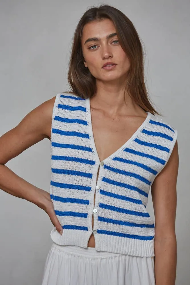 Celeste - Knit Cotton Polyester Striped Button Up Vest Top