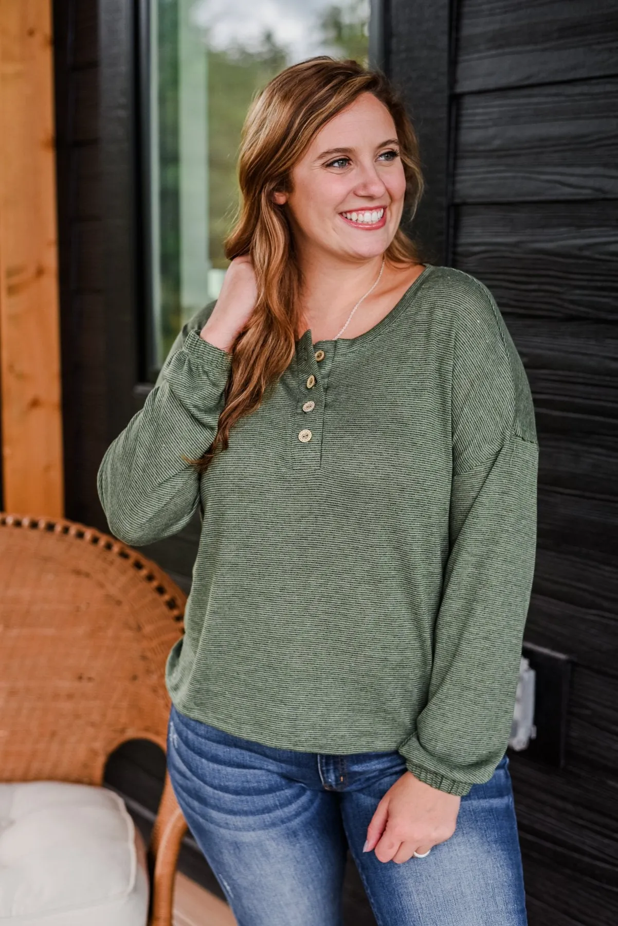 Chilling In Autumn Striped Button Top- Olive