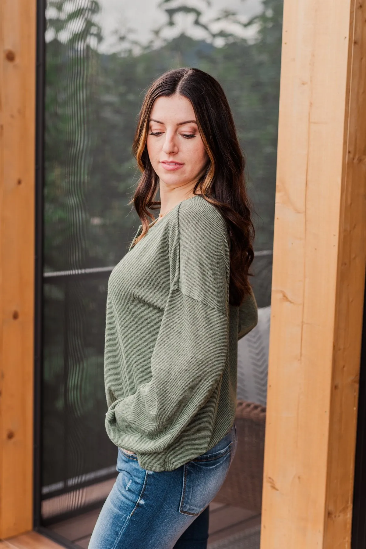 Chilling In Autumn Striped Button Top- Olive