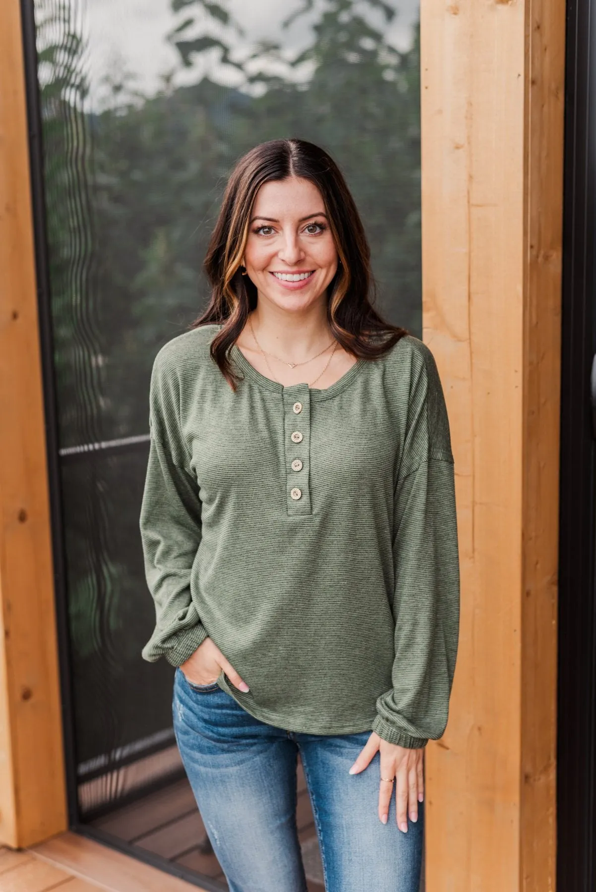 Chilling In Autumn Striped Button Top- Olive
