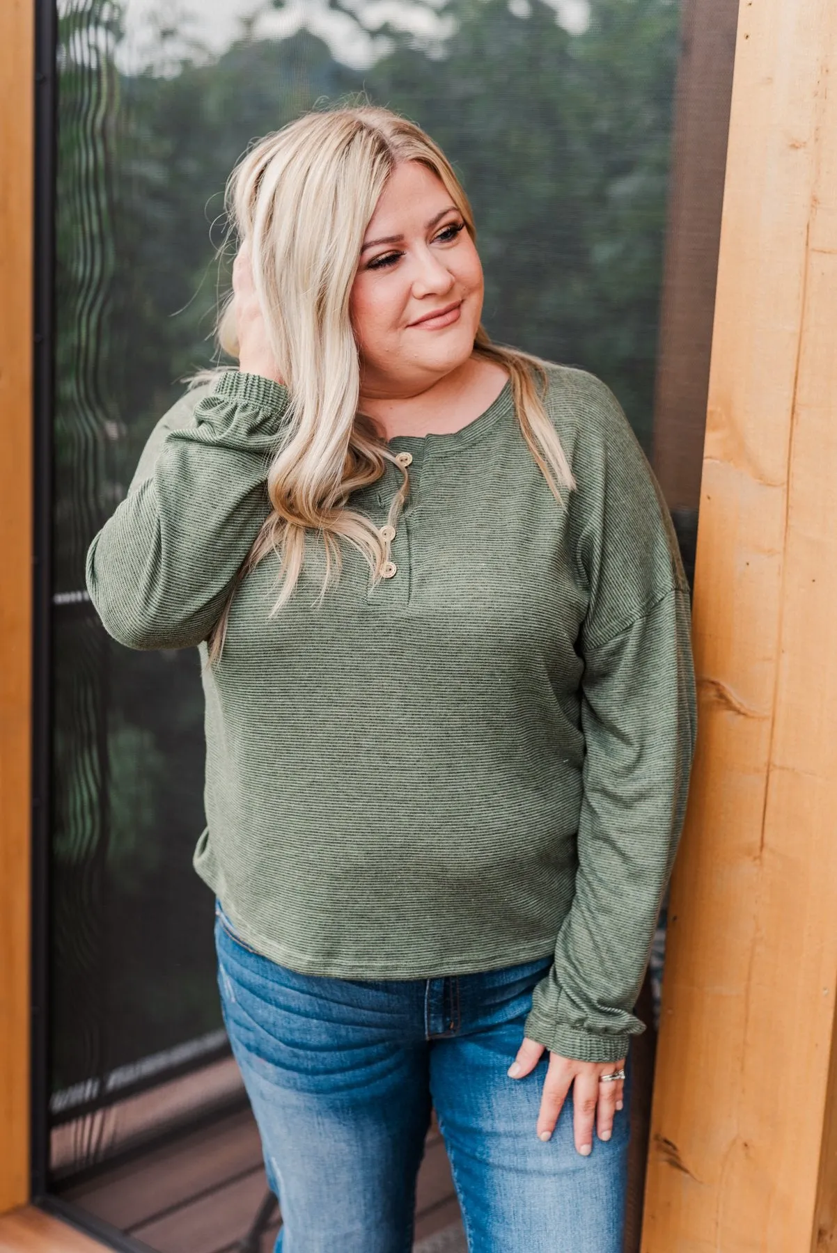 Chilling In Autumn Striped Button Top- Olive