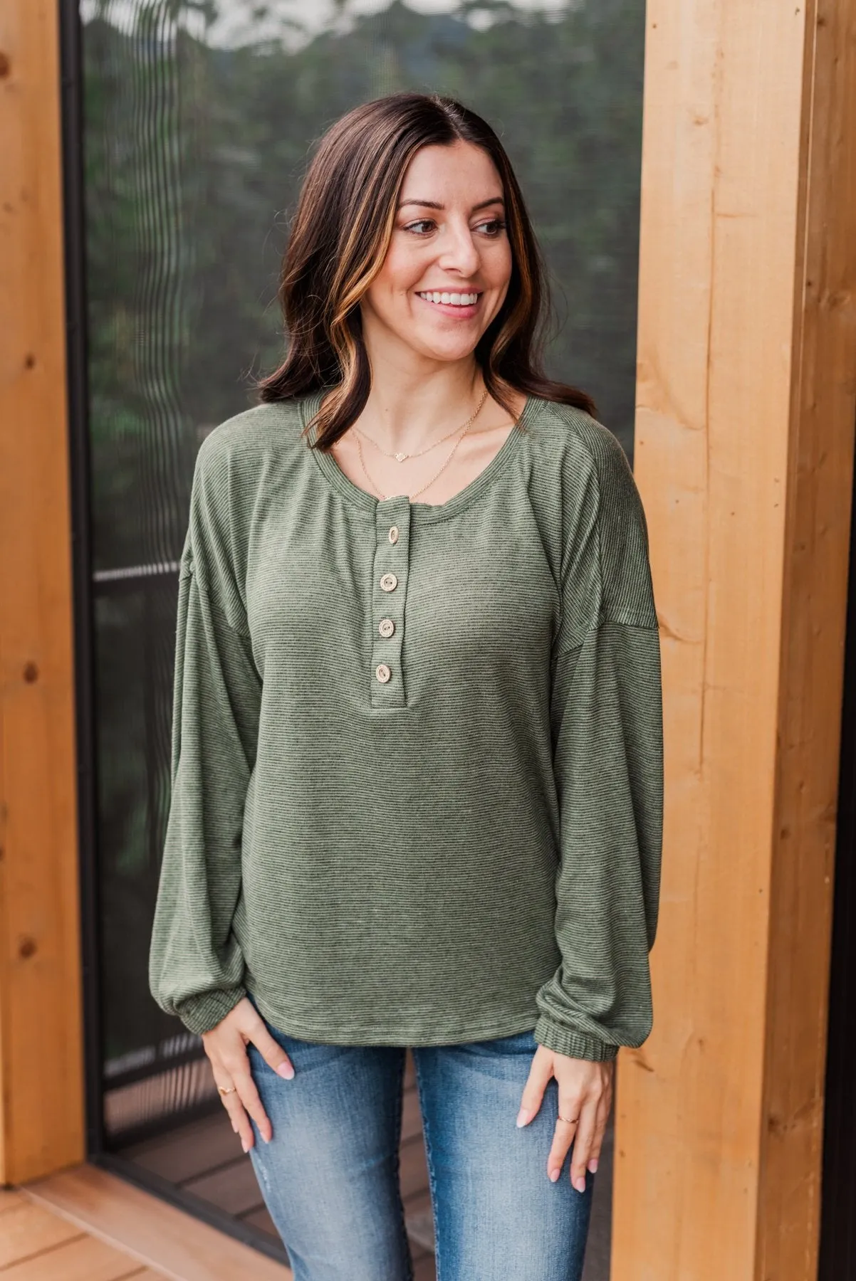 Chilling In Autumn Striped Button Top- Olive