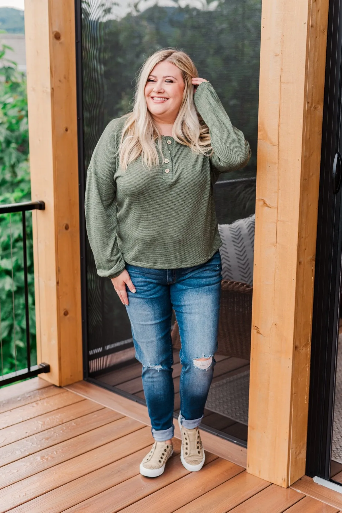 Chilling In Autumn Striped Button Top- Olive