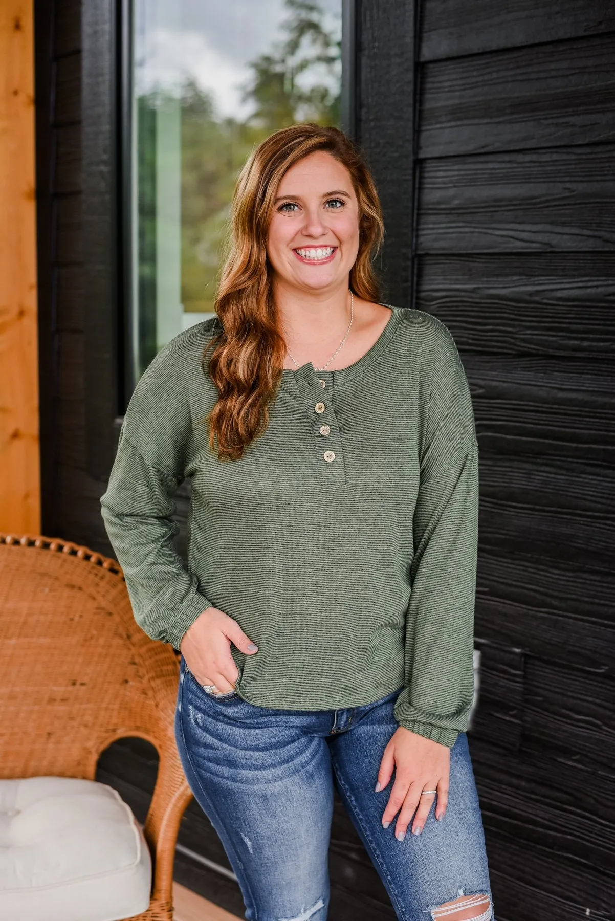 Chilling In Autumn Striped Button Top- Olive
