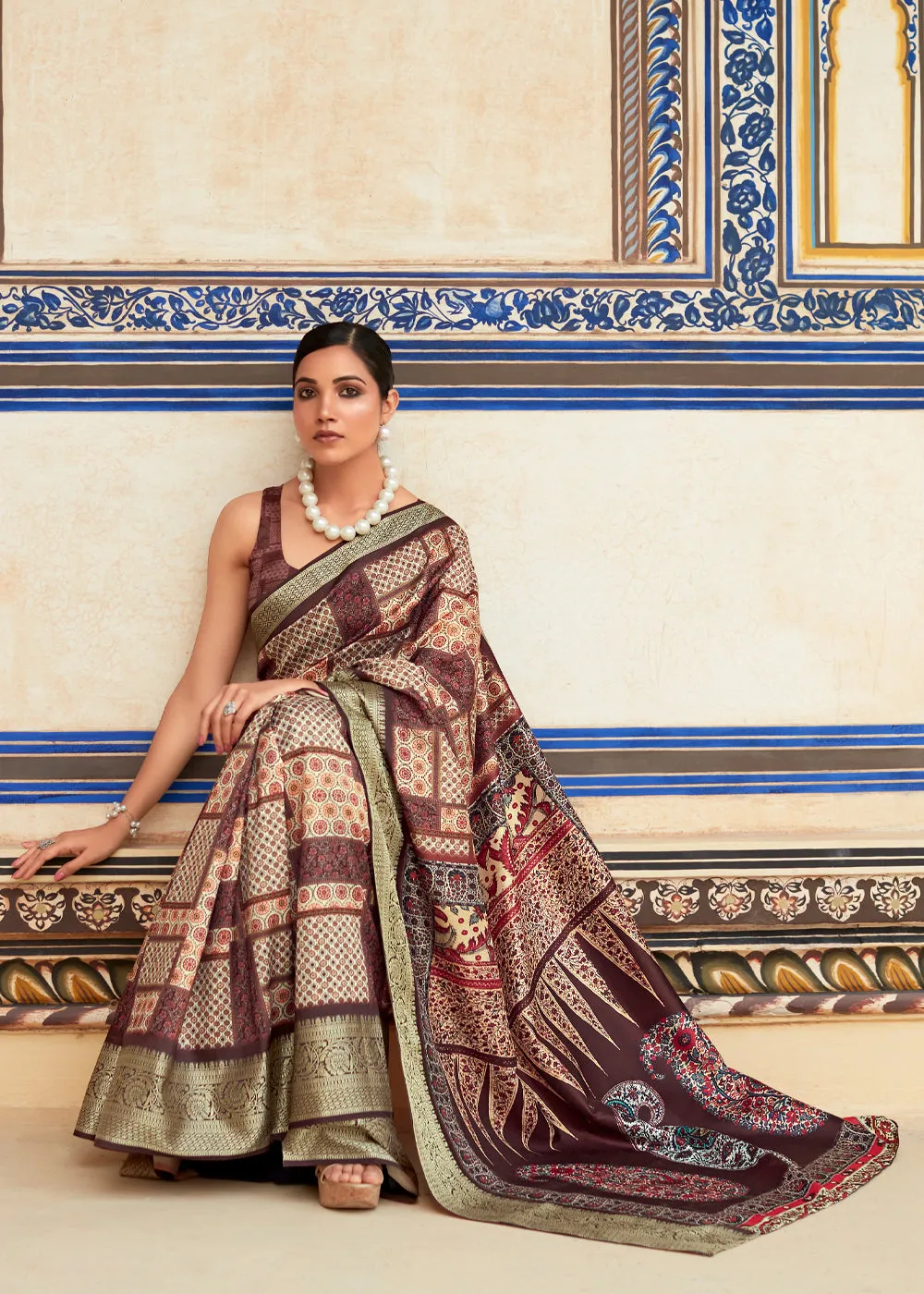 Chocolate Brown Woven Banarasi Printed Soft Silk Saree