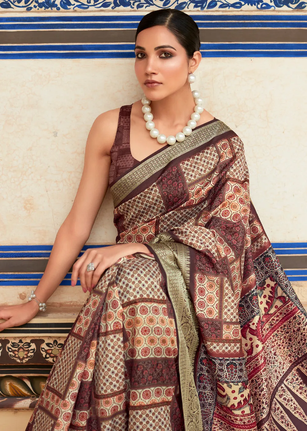Chocolate Brown Woven Banarasi Printed Soft Silk Saree