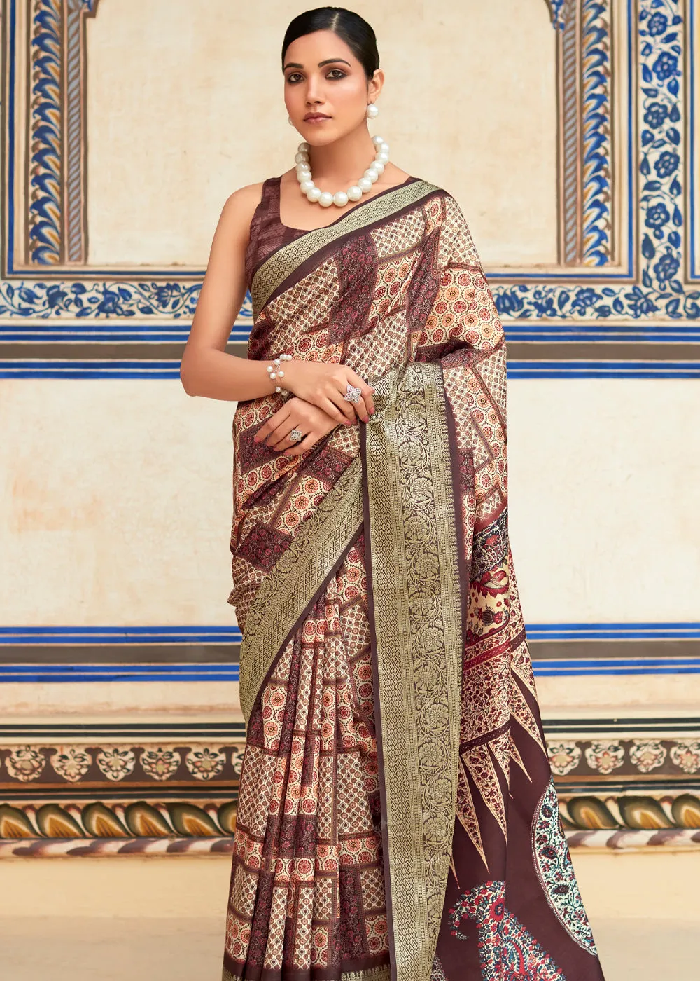 Chocolate Brown Woven Banarasi Printed Soft Silk Saree