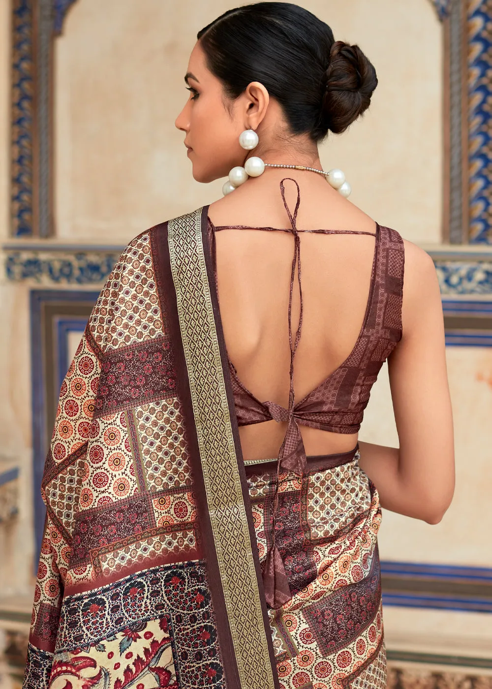 Chocolate Brown Woven Banarasi Printed Soft Silk Saree